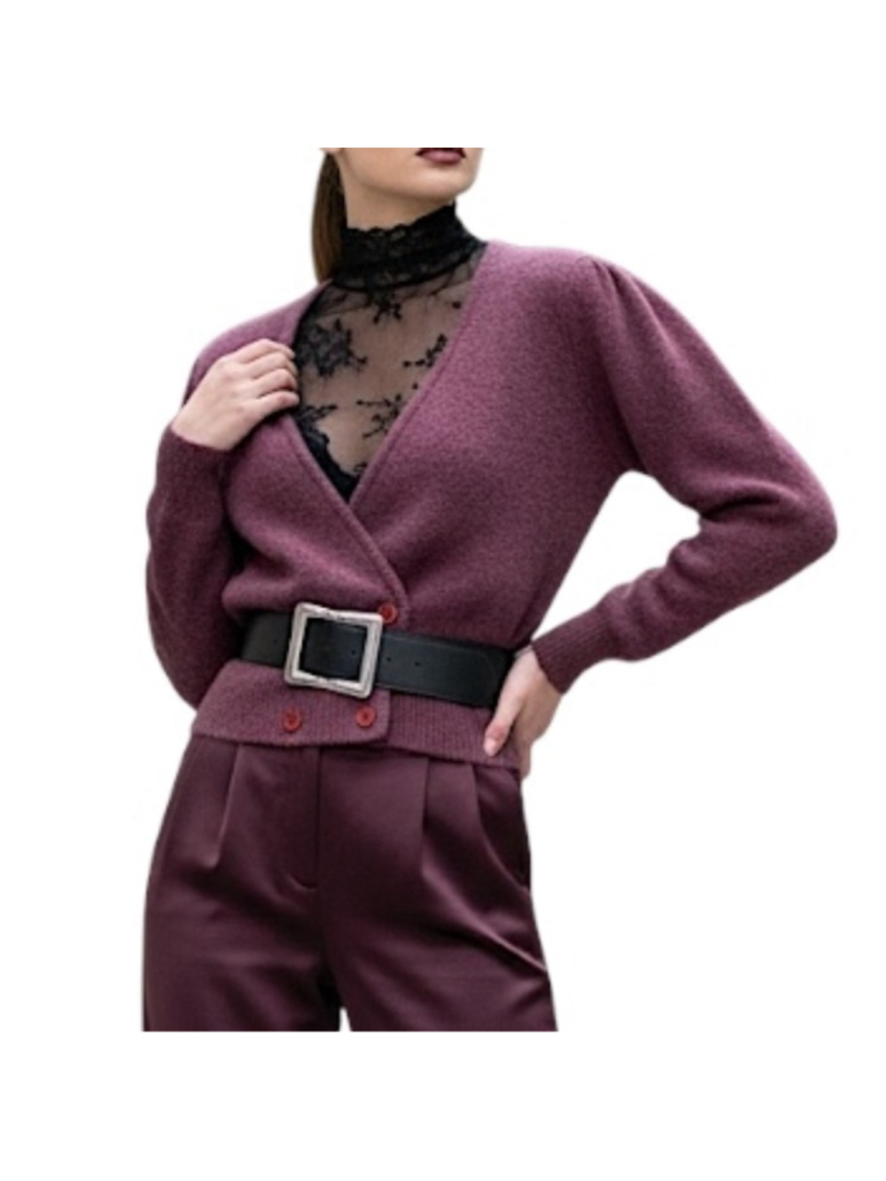 Vintage 90s wool Angora soft fuzzy plum wine puff sleeve cardigan sweater M